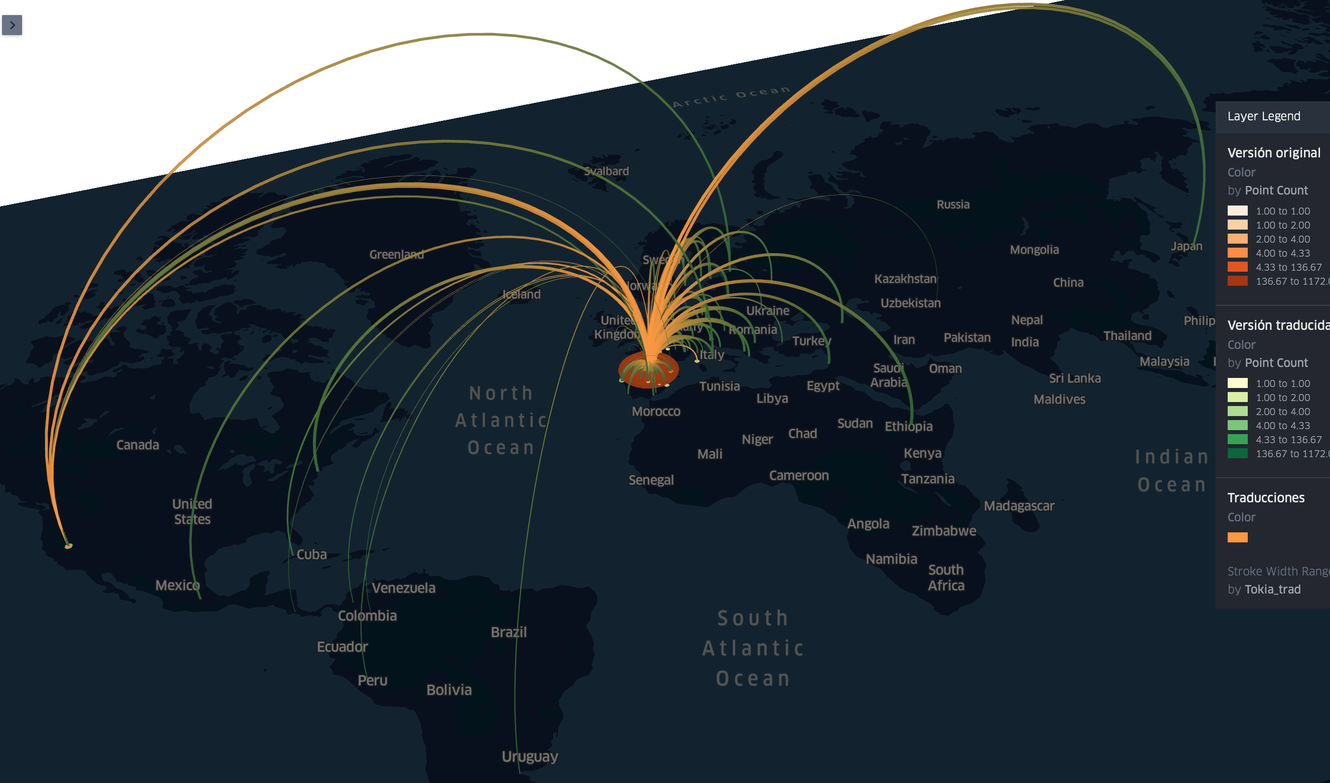 Visualización de las traducciones de literatura vasca a otros idiomas/países en un mapa